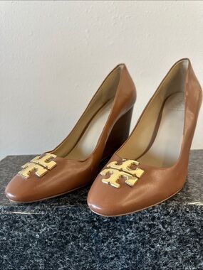 Tory Burch Brown Leather Wedges with Gold Logo